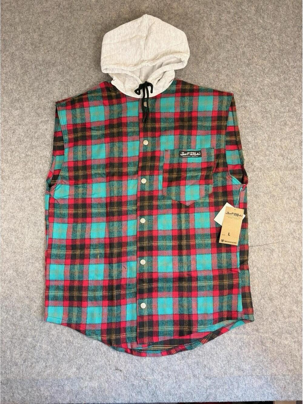 Vintage Surf Style 90s Plaid Flannel Snap Button Sleeveless Hoodie USA Large